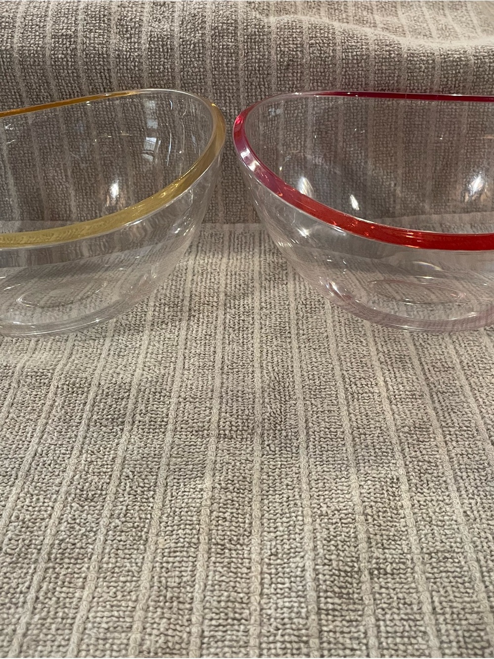 Clear plastic snack size Bowls with Red and Yellow Rim - Set of 2